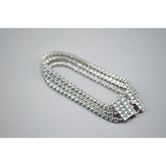 Blue Cubic Zirconia Three Strand Tennis Bracelet Sterling Silver 925 ADI CZ 8" - Picture 1 of 10
